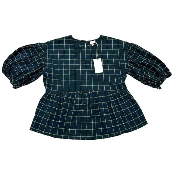 Christmas Dark Green Plaid Blouse Peplum Windowpane Puffed Sleeves A New Day XS - Picture 4 of 4